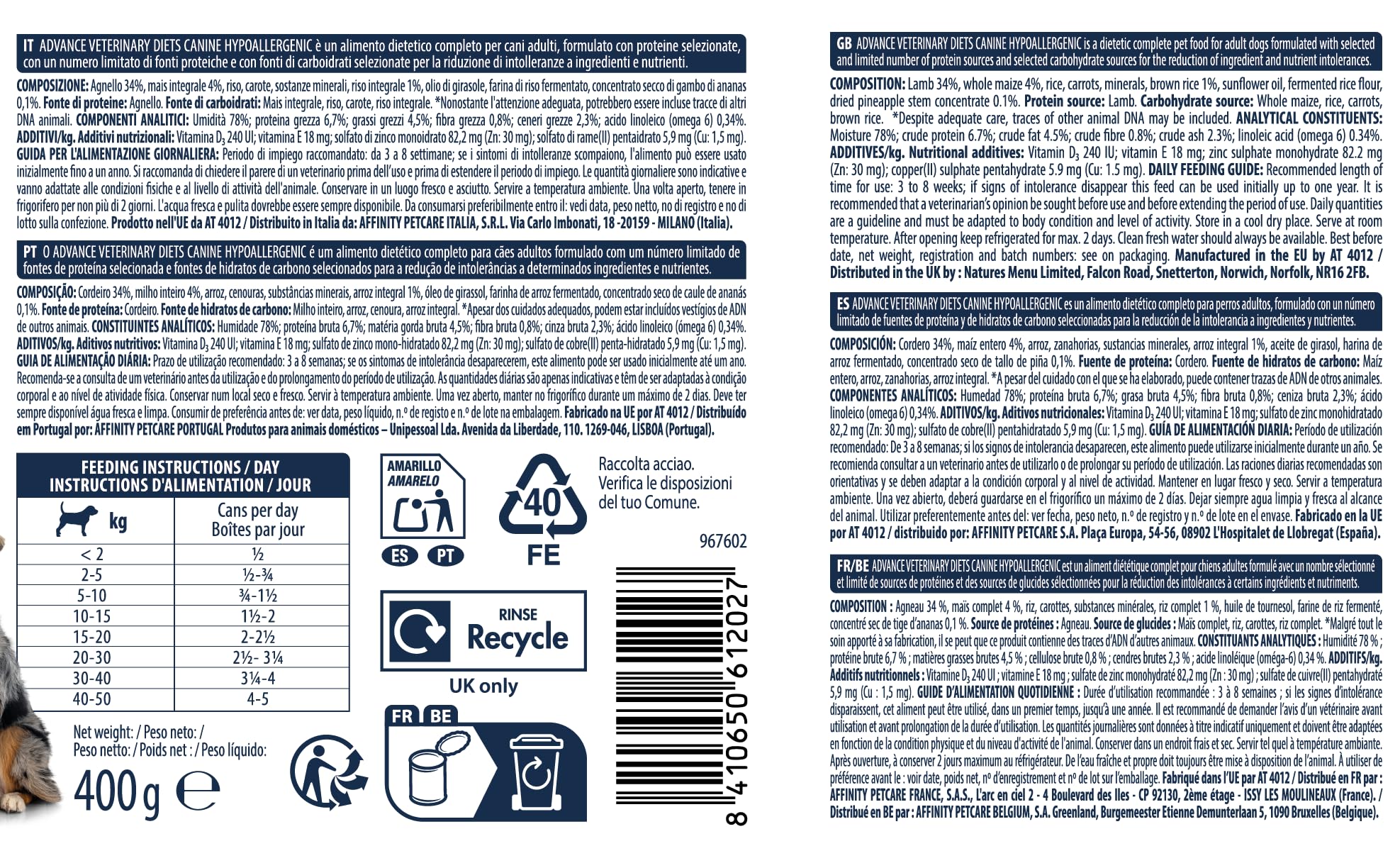 Advance Diets Nourriture Humide pour Chiens - Hypoallergenic Limited Ingredient Agneau - 6 boîtes de 400g