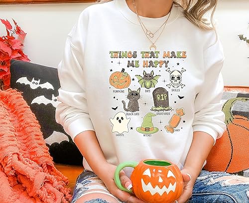 Miniatura 2 de ElixirStreet Halloween Hoodies, Retro Things That Make Me Happy Halloween Sweatshirt, Cute Halloween, Graphic Tee, Cute Spooky, Skull Sweater,