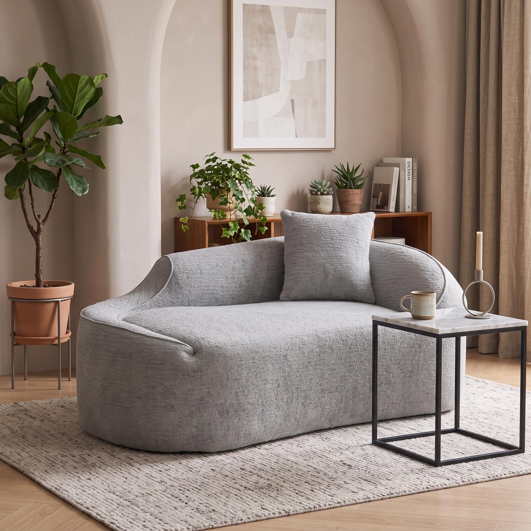 Sofá chaise longue de chenilla gris claro de dos plazas para salón
