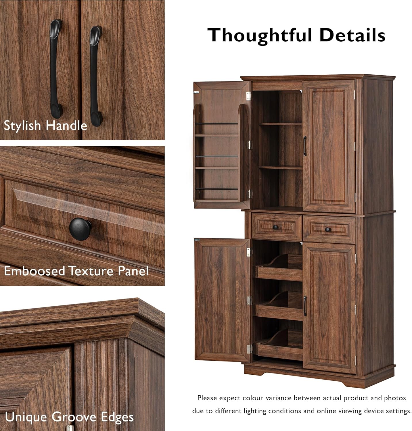 71" Tall Kitchen Pantry Cabinet with Door Storage Organizers 2 Drawers, Farmhouse Storage Cabinet for Kitchen with 3 Pull-Out Shelves Organizer, Freestanding Cupboard for Dining Room (Brown)