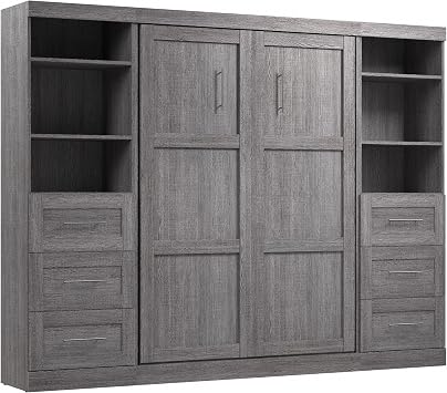 Bestar Pur Full Murphy Bed and 2 Shelving Units with Drawers, 109-inch Space-Saving Wall Bed | 2 Shelving Units with Drawers; supports up to 1000 lb; min. ceiling height 86.4 in.; dual piston mechanism;