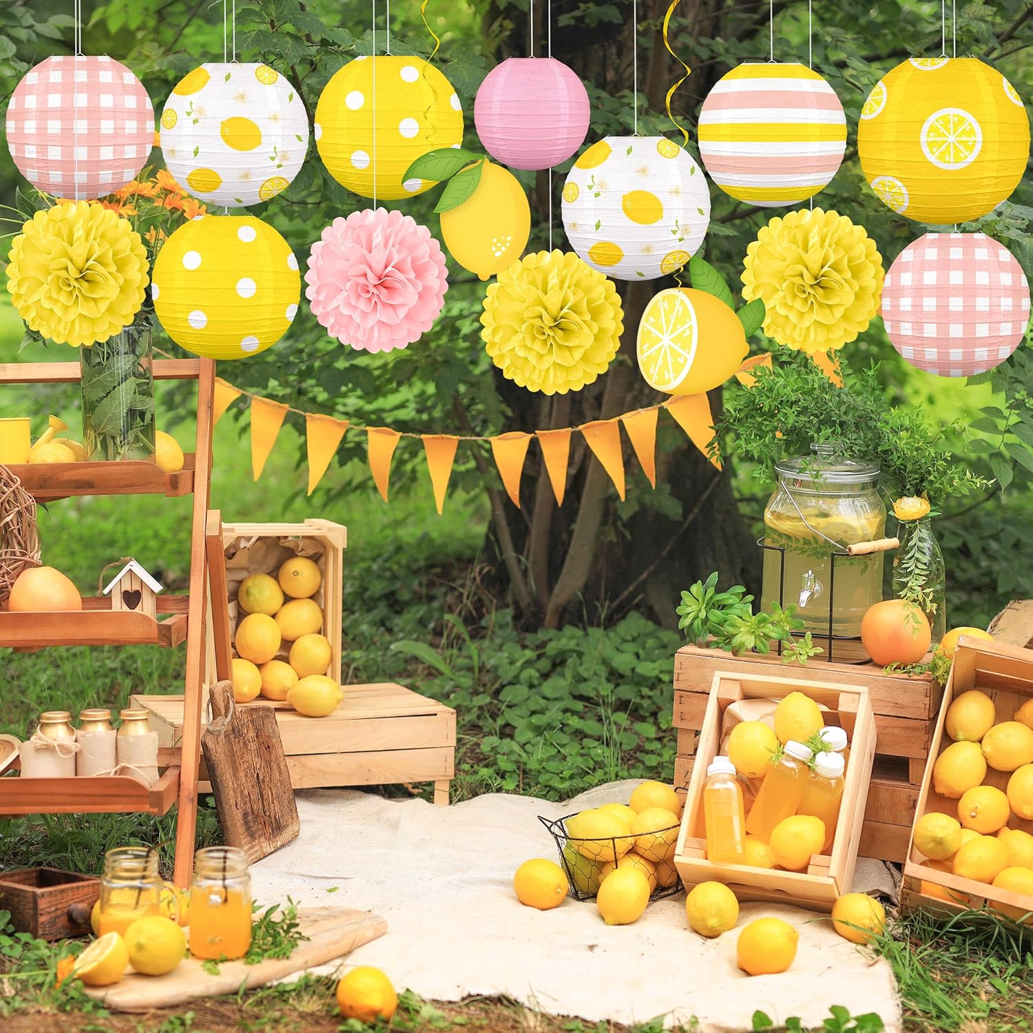 15PCS Summer Lemon Party Decorations Paper Lanterns Pom Poms Hanging Swirls Yellow Pink Theme Lemonade Stand Italian Decor for Birthday Home Backyard Indoor Outdoor