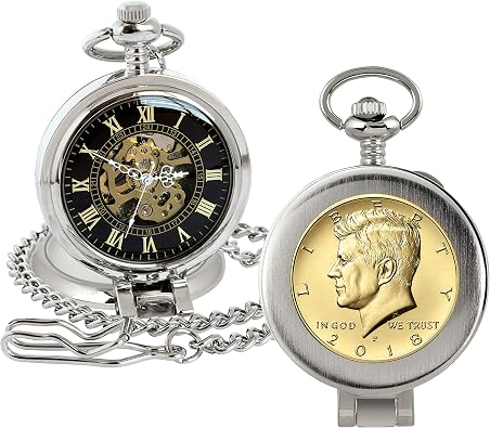 American Coin Treasures U.S. Coin Pocket Watch with Skeleton Movement | Gold Layered JFK Half Dollar | Sweeping Second Hand, Magnifying Glass | Silvertone Case | Certificate of Authenticity