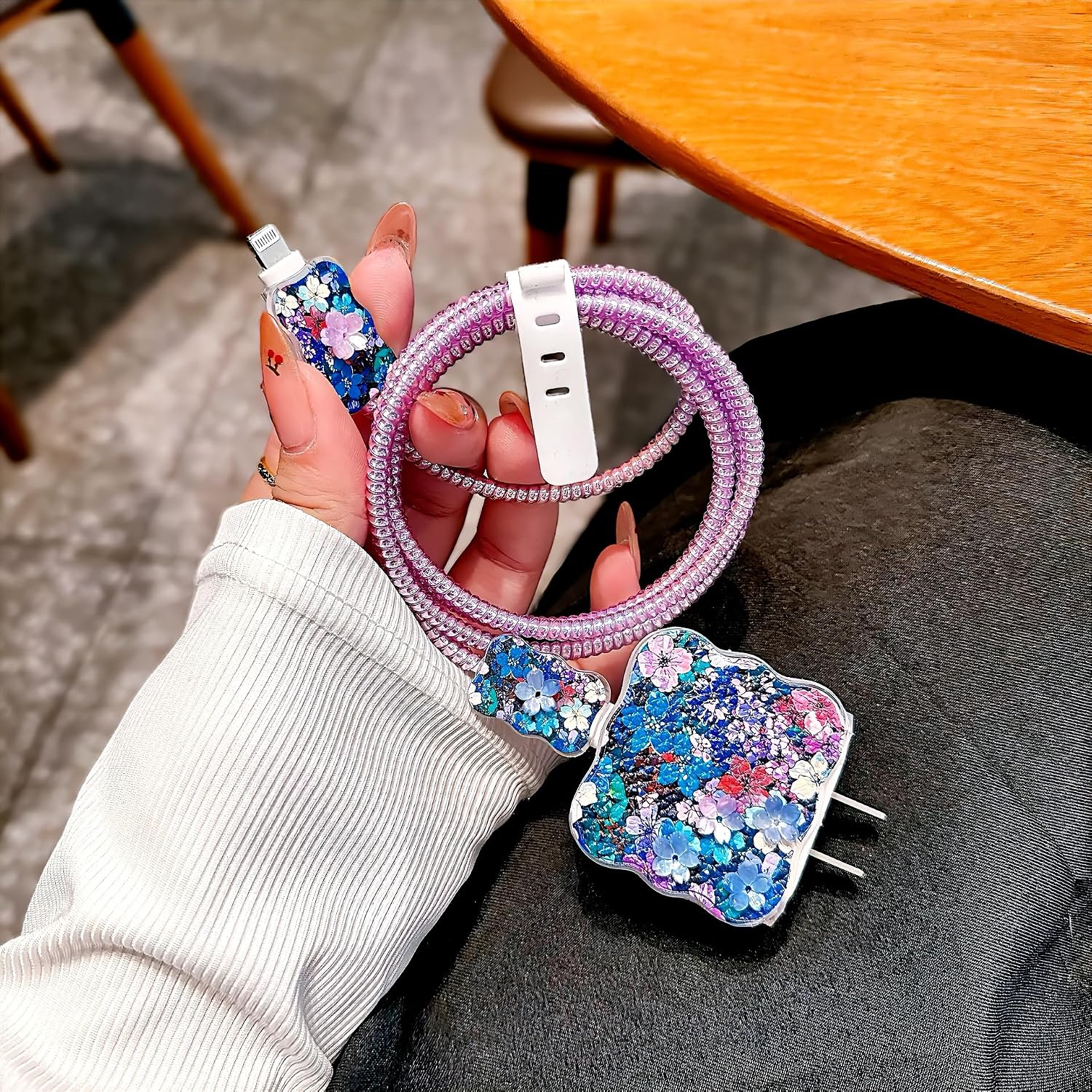 Flower Garden Cable Protector for iPhone Charger,Cute Colorful Blossoms Design,Soft Charger Cover Charging Cord Protector,Wire Cord Saver for iPhone 14 15 16 Pro Max-Purple