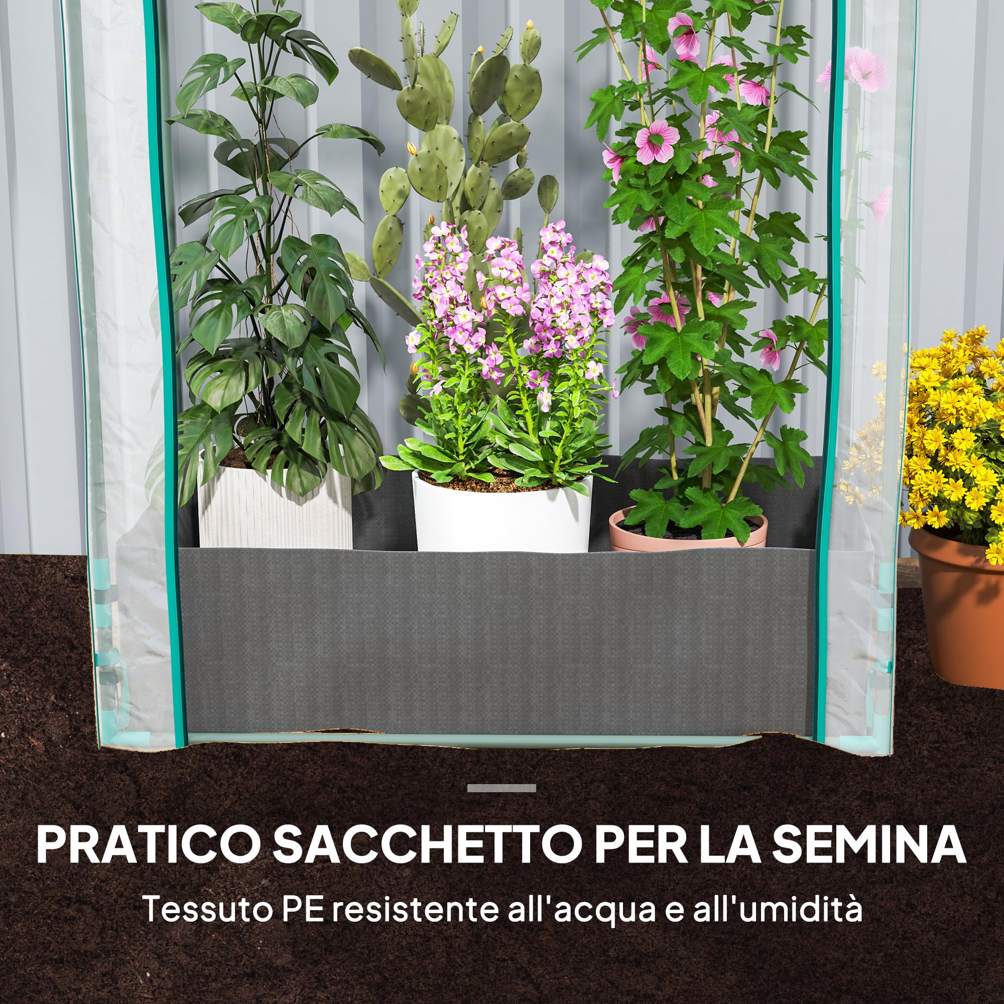 Outsunny Serra da Balcone per Orto con Porta a Cerniera Avvolgibile e Sacco per Piante, Serra da Giardino in Acciaio e Plastica, per Piante, Fiori e Verdure, 89x50x152 cm, Trasparente