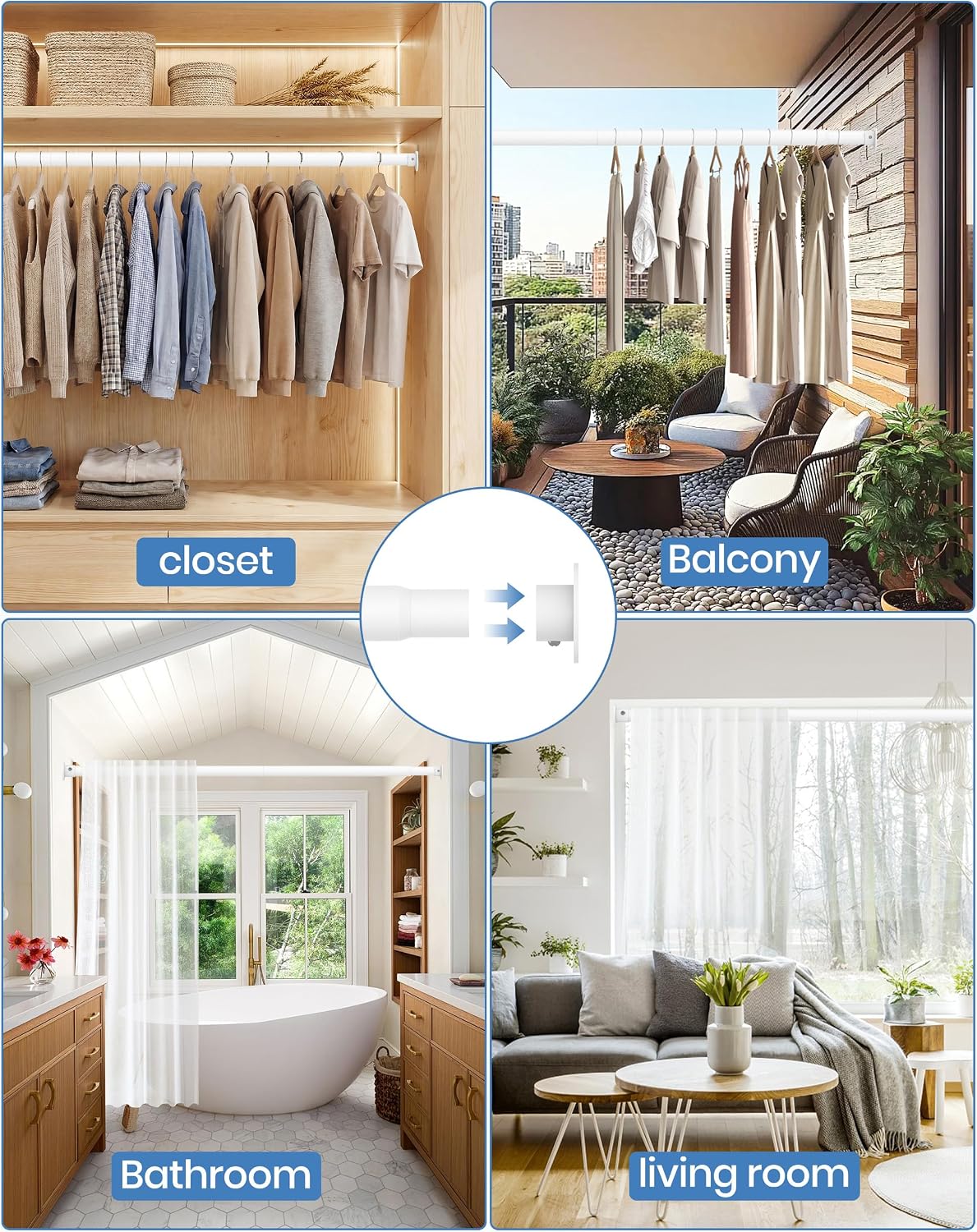 Closet Rod,17-110'',Heavy-Duty Adjustable Closet Rods for hanging clothes | Easy to Install,1.3 Inch Diameter 66 lbs max load,Heavy-Duty Thickened Metal