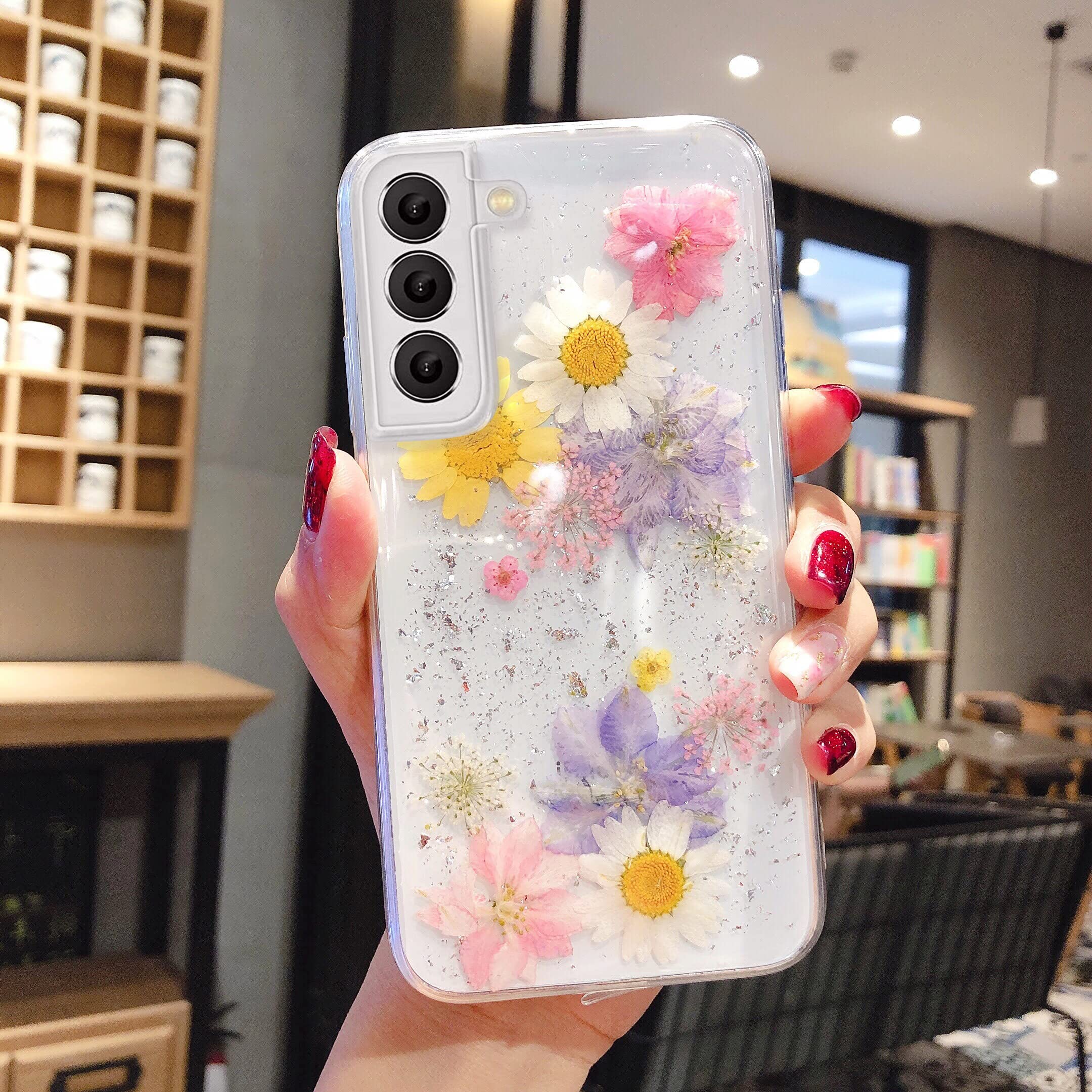 EYZUTAK Case for Samsung Galaxy S21, Bling Glitter Sequin Handmade Real Dried Flower Leaf Clear Aesthetic Case Embedded Pressed Floral Soft Rubber Gel