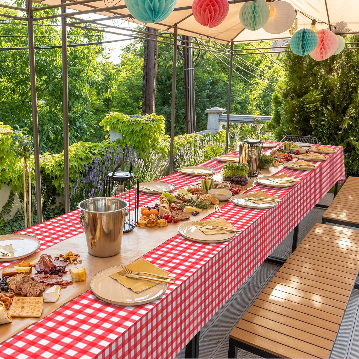 Red and White Plastic Checkered Tablecloth Roll 54Inch X 300Ft, Premium Decorative Disposable Red Picnic Gingham Plaid Table Cloths for Parties, Party Table Cover for Picnic Farm Birthday Wedding