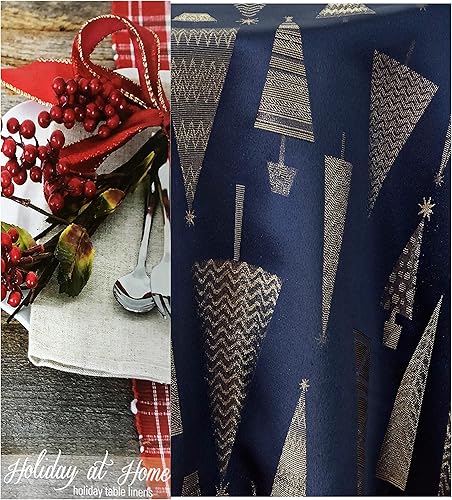 Miniatura 2 de Newbridge Mantel navideño de tela metálica con árboles de Navidad azul marino y dorado, contemporáneo, resistente a la suciedad, de fácil cuidado,