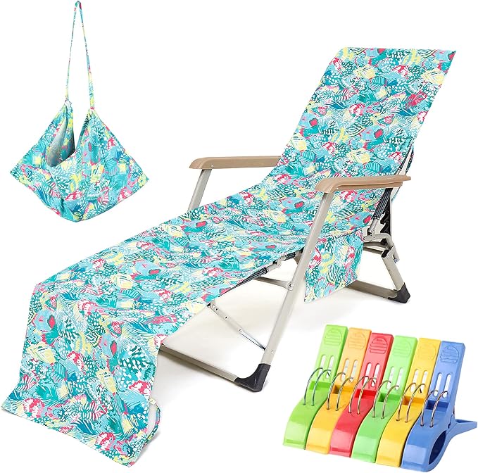 VOCOOL Beach Chair Towel Chaise Lounge Cover with Pockets and Clips Pool Chair Towel