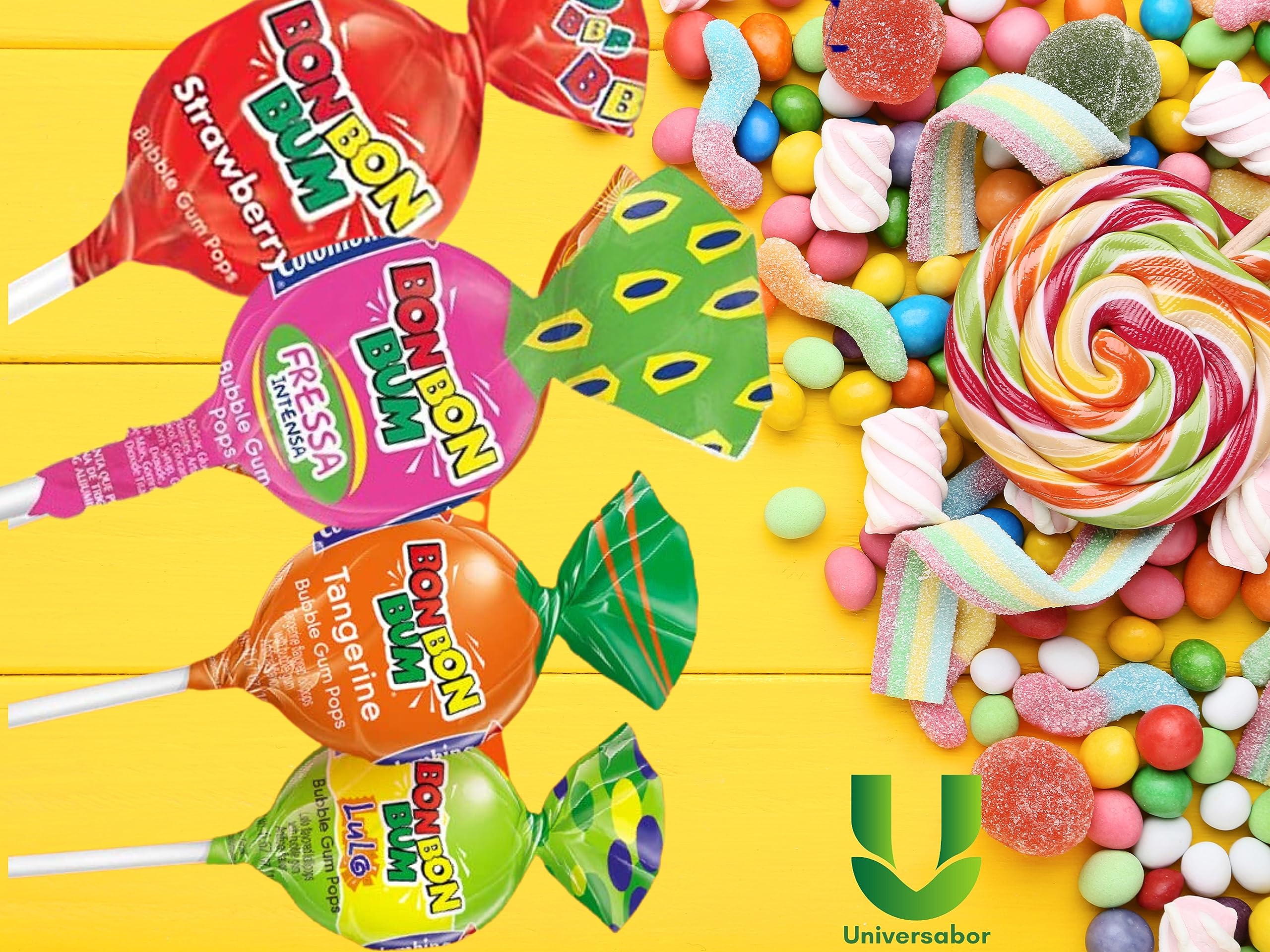 Tarro - Paquete de 100 Unidades - Colombina Bon Bon Bum - Paletas con centro de goma de mascar surtido, paletas de 4 sabores Lulo, fresa, fresa Roja y mandarina, Bote de 1700 gr. (100 unidades)