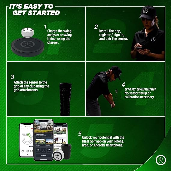 Blast Motion Golf Swing & Stroke Analyzer - Real-time Feedback, Swing Metrics, Swing Trainer, Video Capture Highlights, Track Performance (GEN3 Sensor)
