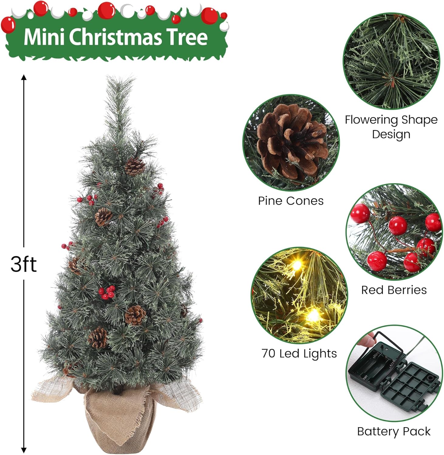 GarveeHome Small Christmas Tree with Lights 3ft, 3ft Christmas Tree Pre-lit with 78 Warm White Led Lights, 3 Foot Christmas Tree Pre-lit with Pine Cones, Cloth Bag Base