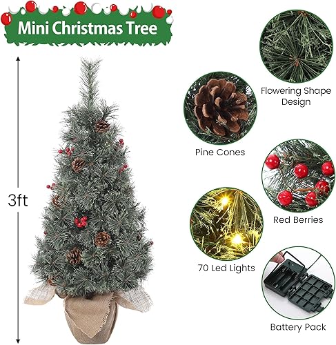 Miniatura 10 de GAOMON Mini árbol de Navidad preiluminado de 3 pies con 70 luces LED, base de arpillera, árbol de Navidad artificial de mesa con piñas y bayas rojas