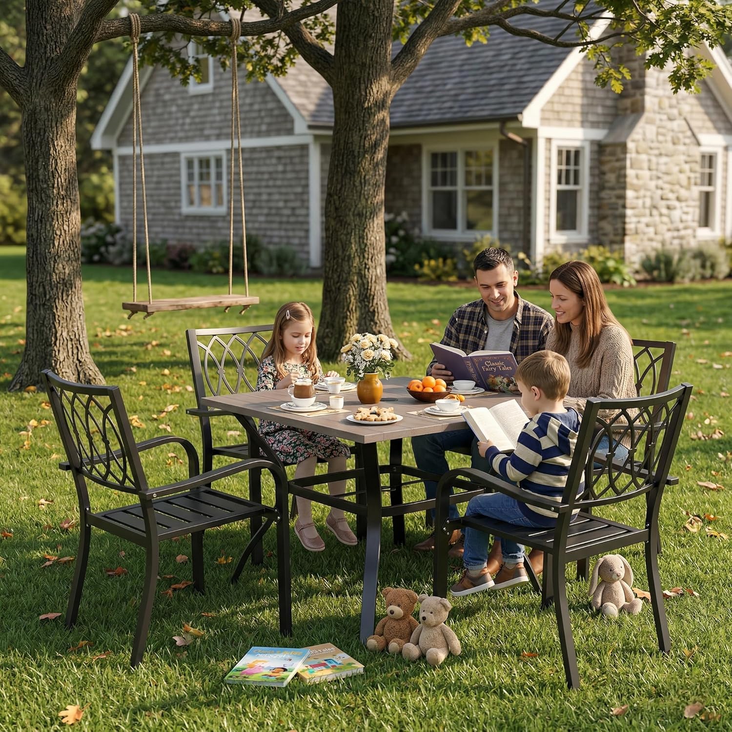 5-Piece Outdoor Patio Dining Set, 4 Metal Chairs with 350 lbs Capacity, 37.8" Square Wood-Grain Table with Umbrella Hole, Rustproof