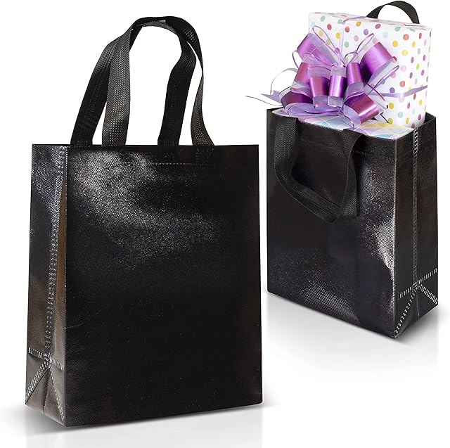 Nush Nush Black Gift Bags Medium Size Set of 12 Shiny Black Reusable Gift Bags With a Glossy Finish - Perfect As Goodie Bags With Handles, Birthday Bags, Party Favor Bags  8Wx4Dx10H Size