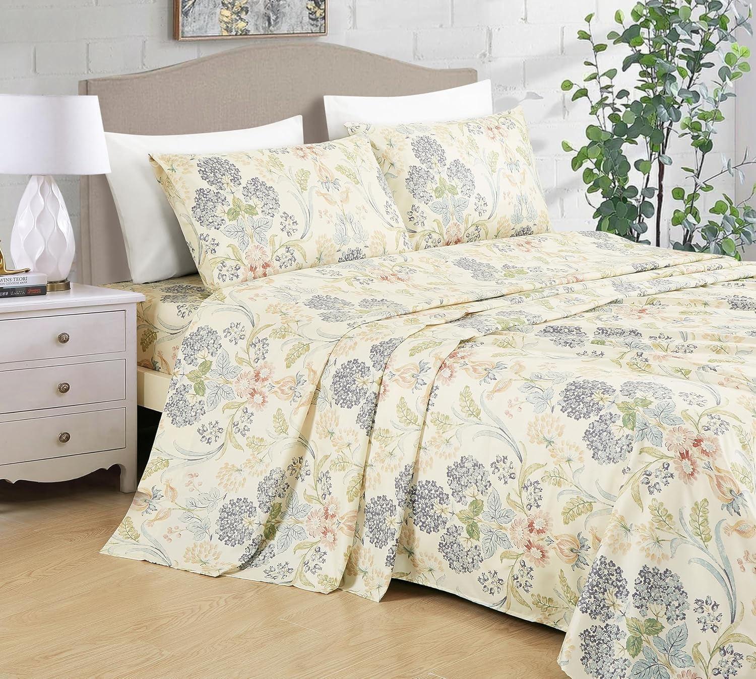 Chezmoi Collection Alyssa 4-Piece Floral Medallion Garden Bed Sheet Set - Multicolor Blue Green Red Yellow White Printed Microfiber 14-Inches Deep Pocket Sheets & Pillowcases Set, Queen