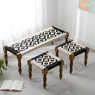 Ikiriya Sheesham Wood Maachi Bench Set with 2 Stools for Home Living Room and Outdoor -(Classic Black & White Canning) - 48 x 17 x 16 Inch