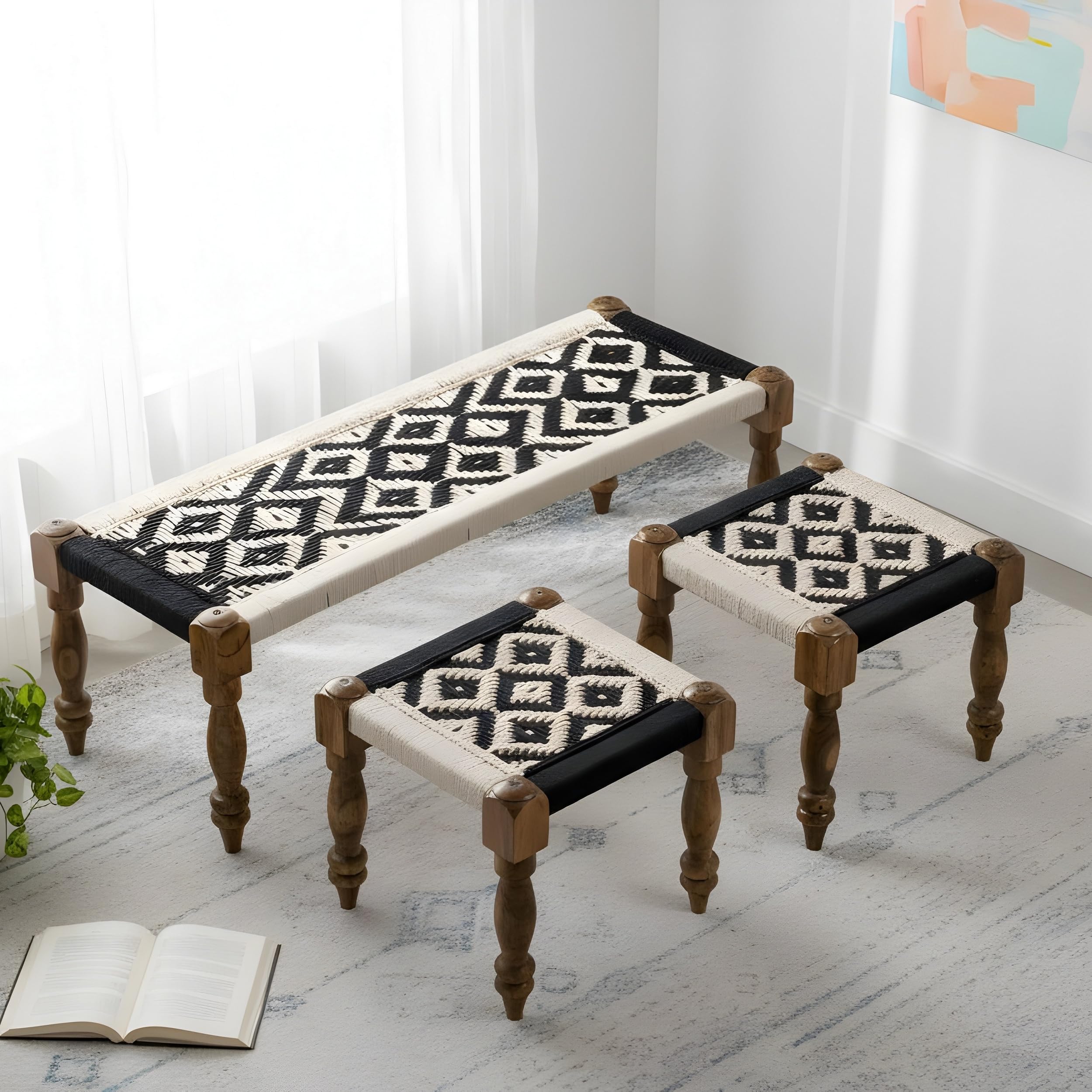 Ikiriya Sheesham Wood Maachi Bench Set with 2 Stools for Home Living Room and Outdoor -(Classic Black & White Canning) - 48 x 17 x 16 Inch-image-24