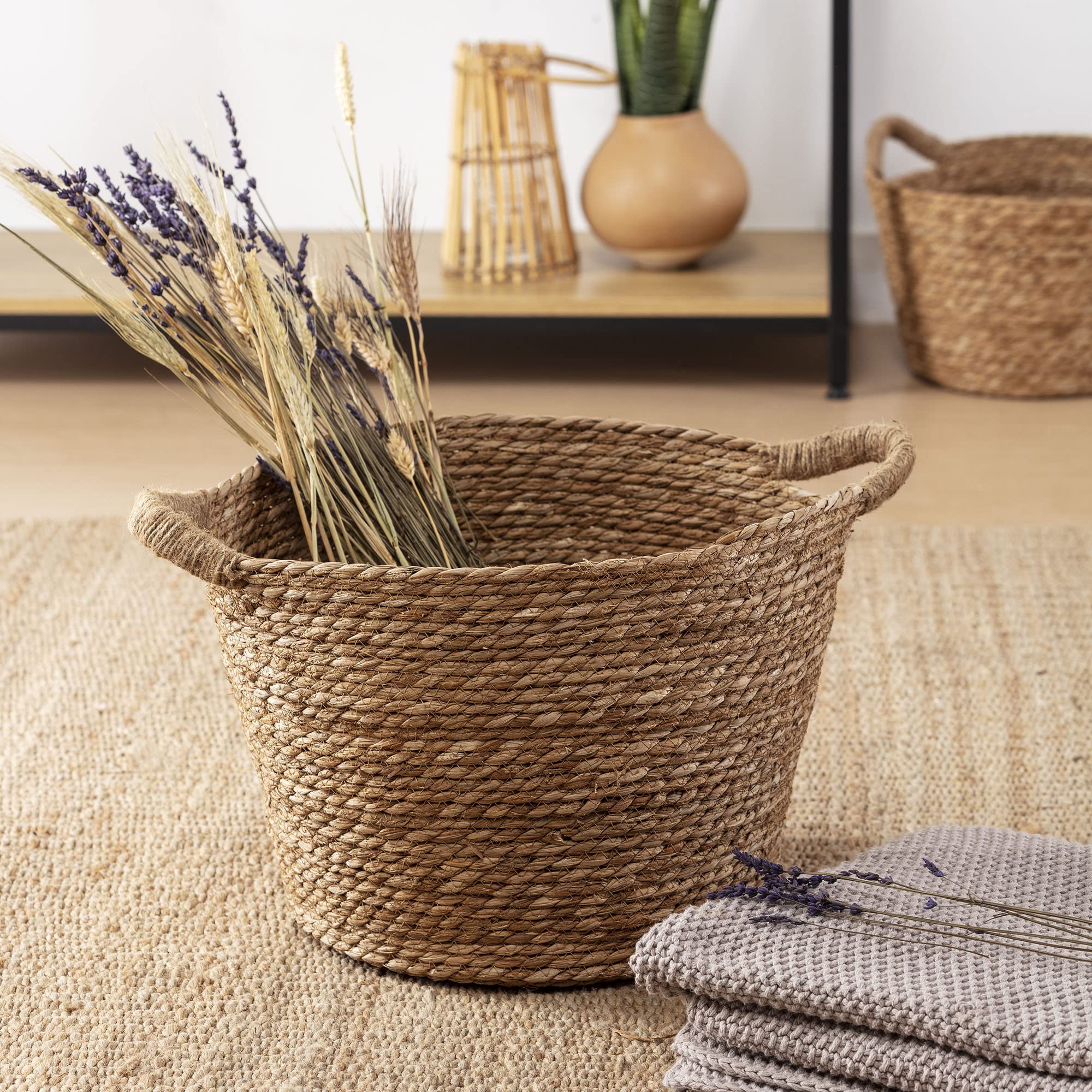 Set de 3 cestas Icia de fibra natural con asas