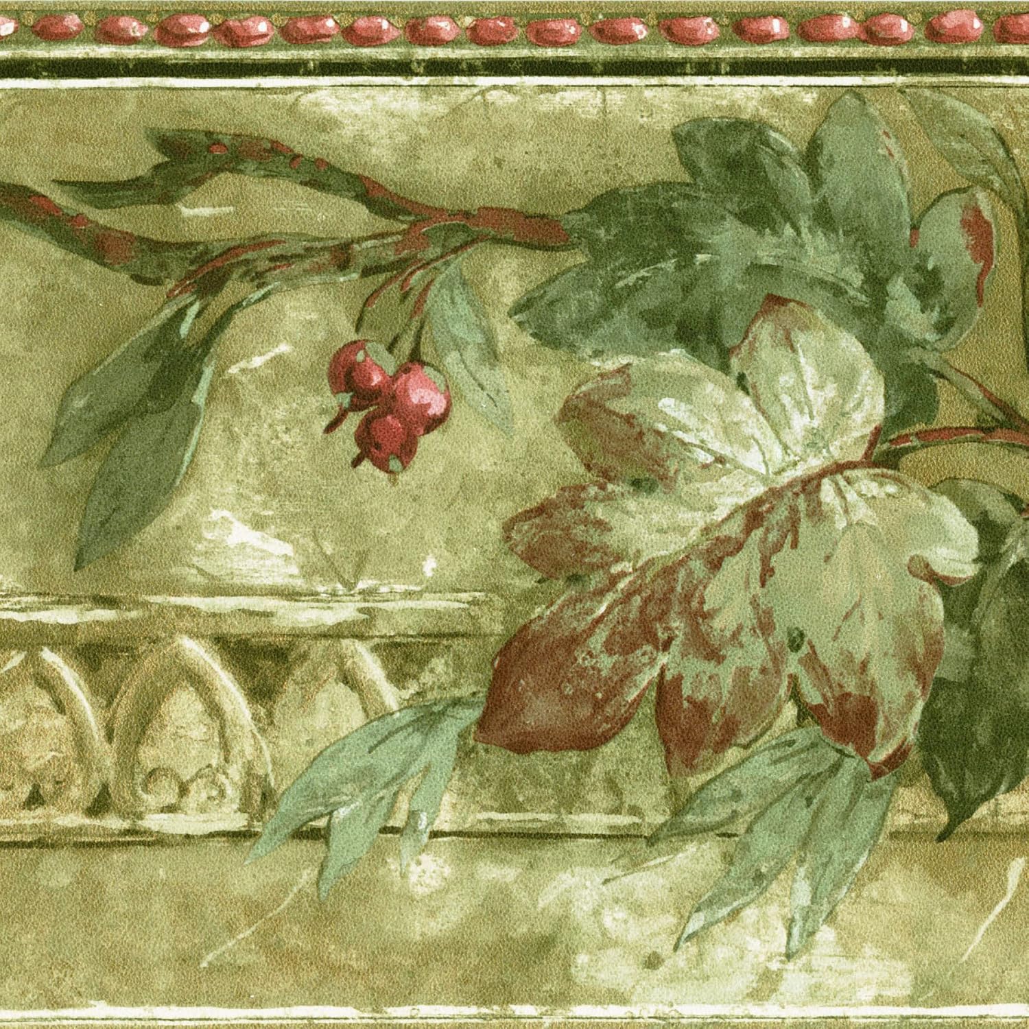 CONCORD WALLCOVERINGS ™ Wallpaper Border Vintage Pattern Ornament Leaves Berries on The Vine for Dining Area Living Room Cottage Farmhouse, Green Brown, 15 ft by 9.5 in ZN76170N