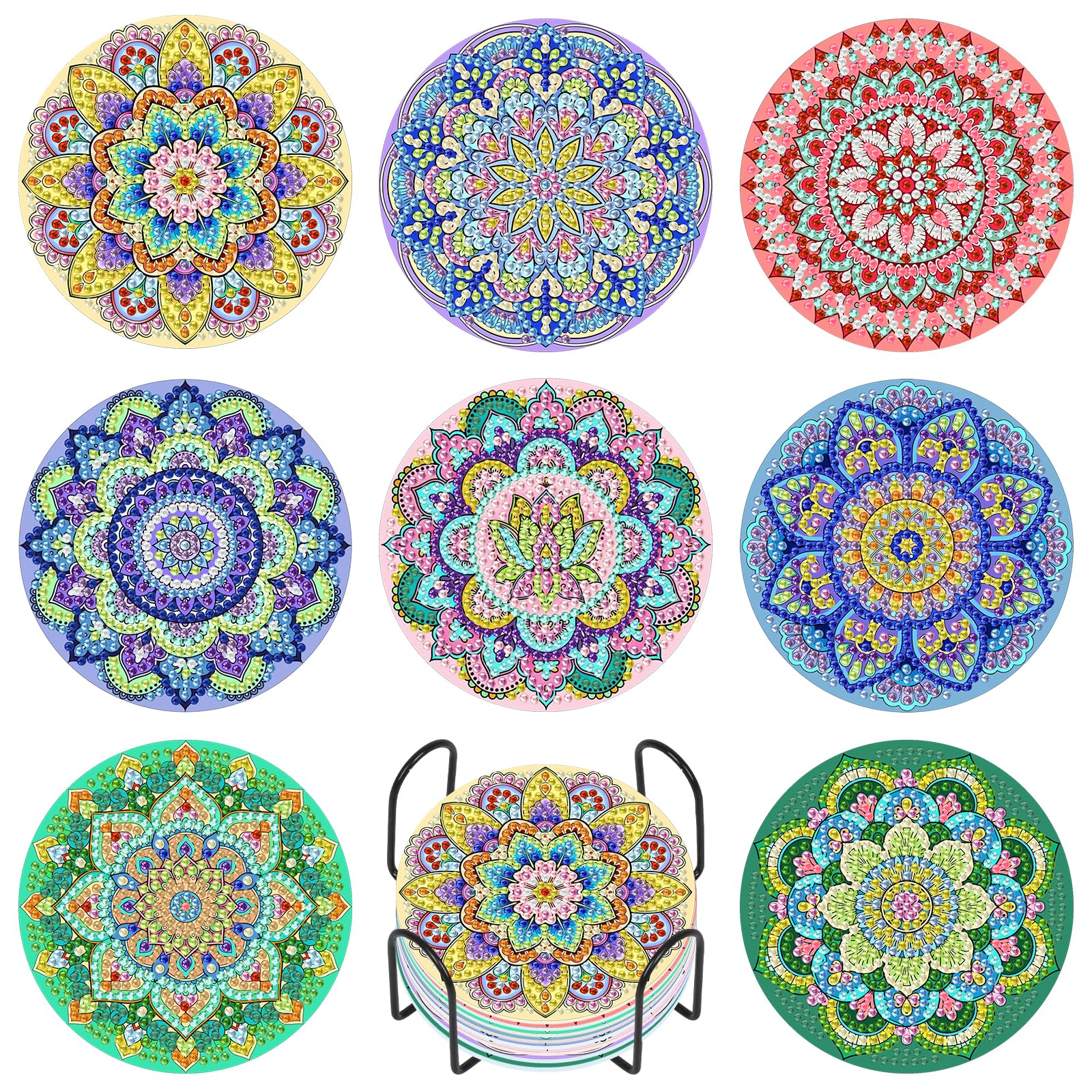 Pack of 8 Mandala Diamond Painting Coasters with Holder for Adults, 5D Mandala Diamond Cup Coasters, DIY Diamond Painting Adult Coasters, 5D Coasters, Non-Slip for Beginners
