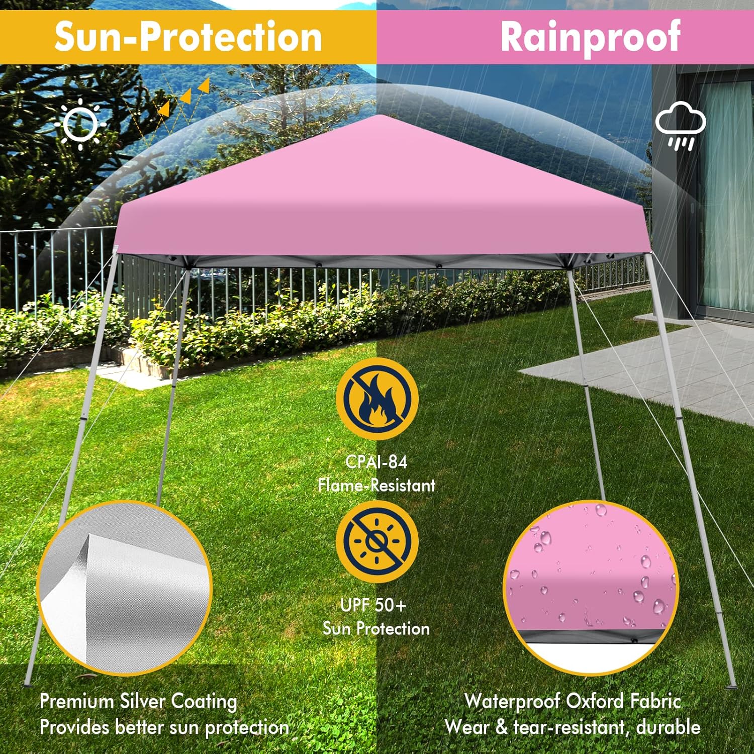 Tangkula 10x10 Ft Pop Up Canopy, Slanted Leg Outdoor Canopy Tent with Center Lock, UPF50+ Sun Protection, 4 Stakes, 8 Ropes, Carrying Bag, 1 Person Setup Instant Tent Shelter for Camp, Beach, Patio