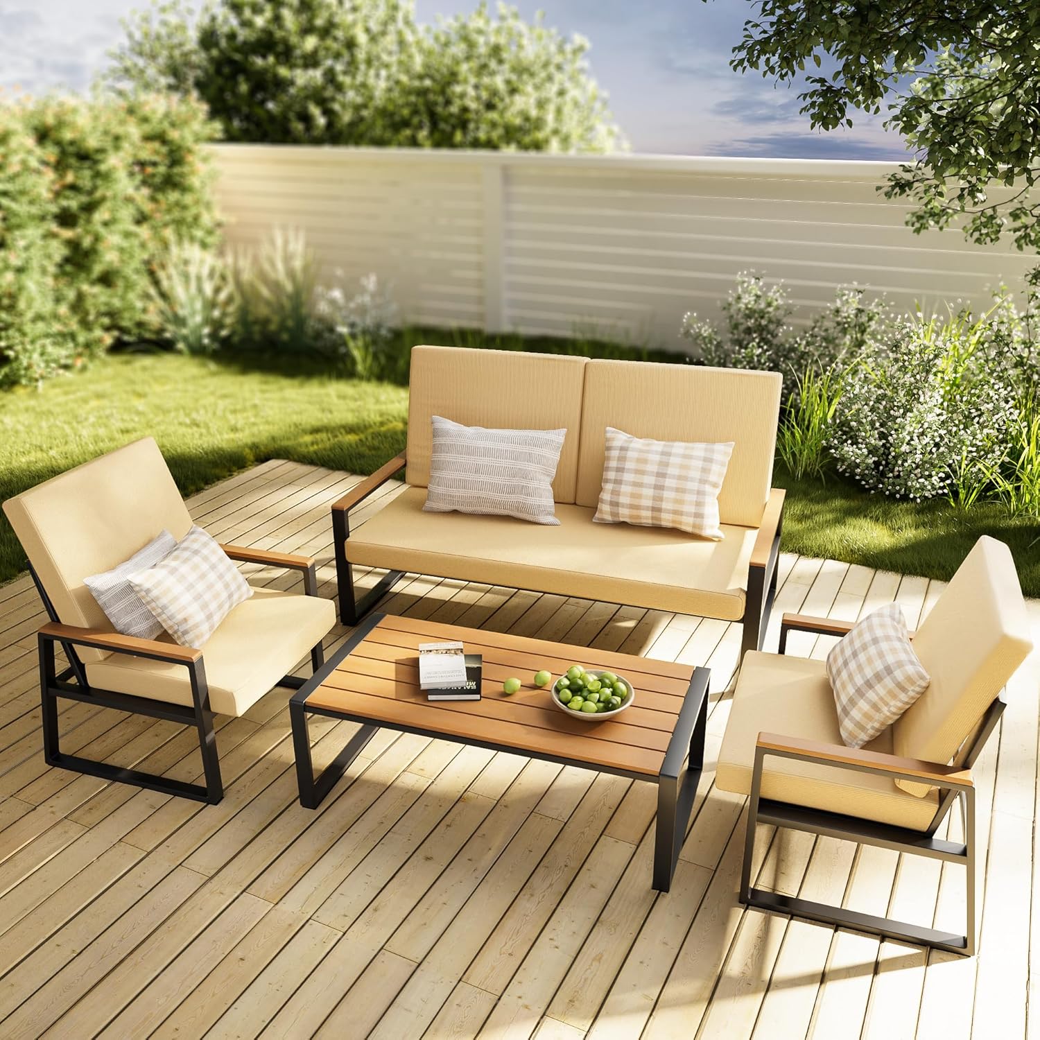 Gizoon 4-Piece Outdoor Patio Furniture Sets, Patio Conversation Set with Removable Seating Cushion, Courtyard patio Set for Home, Yard, Poolside (Beige)