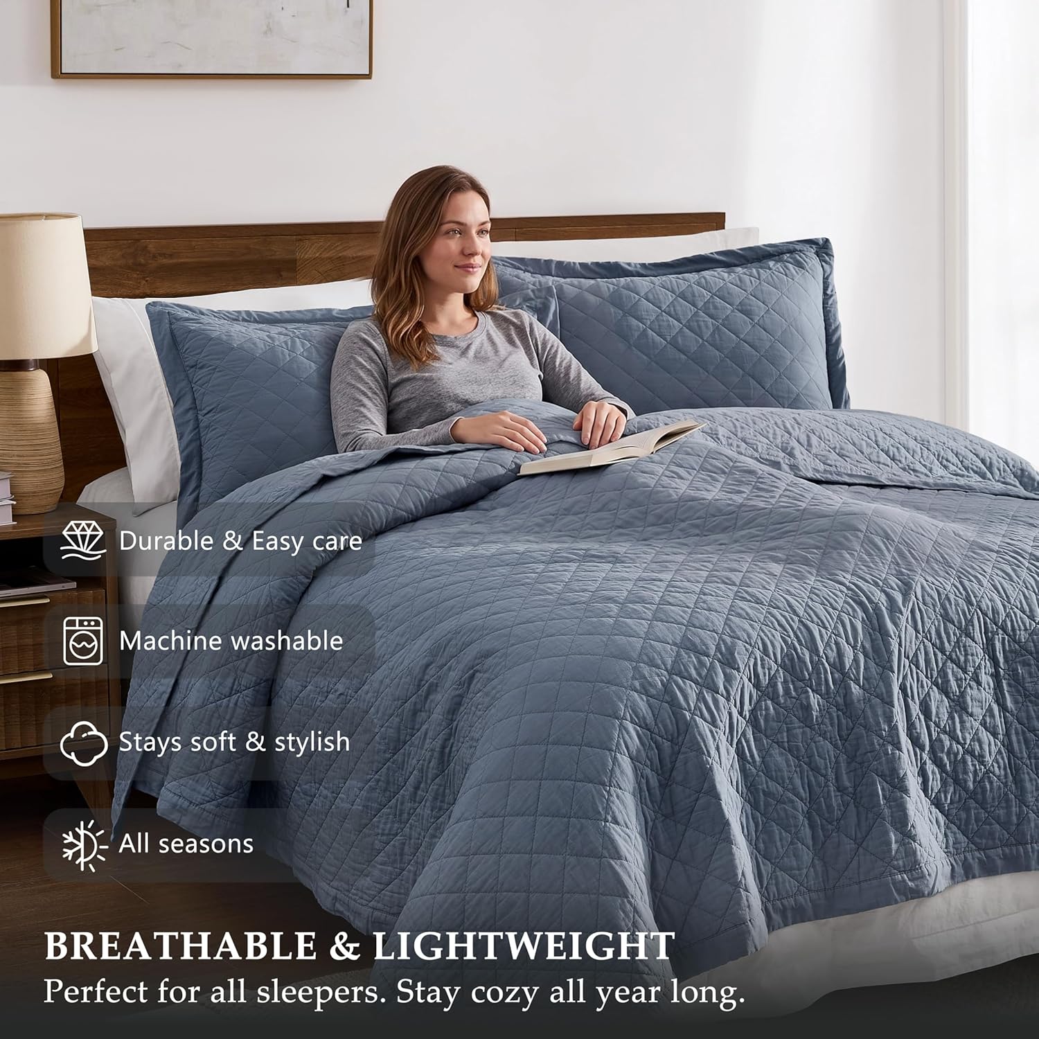 WDCOZY 100% Cotton Quilt Queen Size Bedspread, Pre-Washed 3-Piece Lightweight Soft Coverlet Set with 2 Pillow Shams, Modern Neutral Design All Season Bedding Set, Dusty Blue