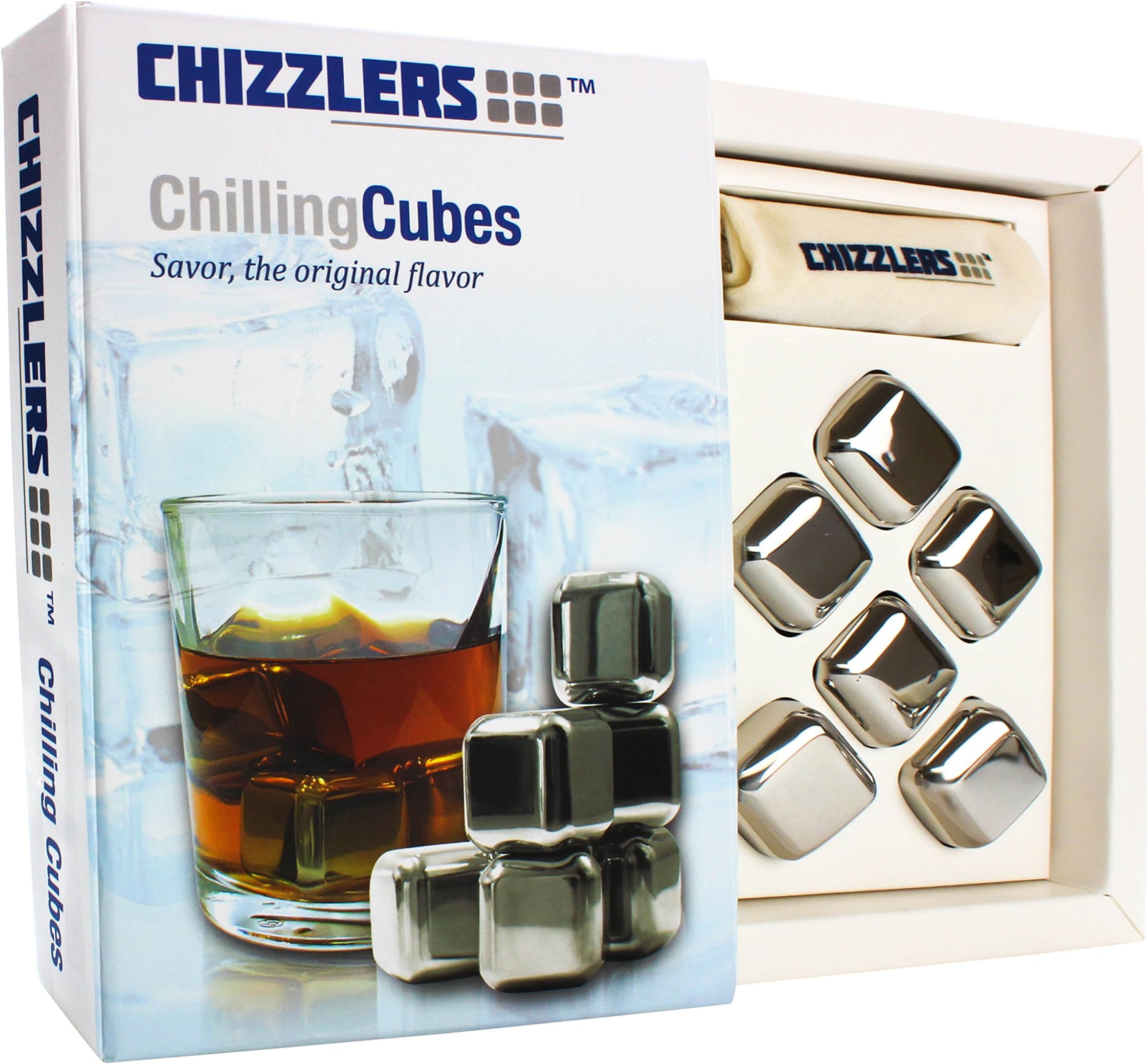 Stainless Steel Whiskey Cubes Filled with Cooling Gel, Wrapped in Elegant Gift Packaging, Stylish Off White Muslin Pouch Included, Set of 6
