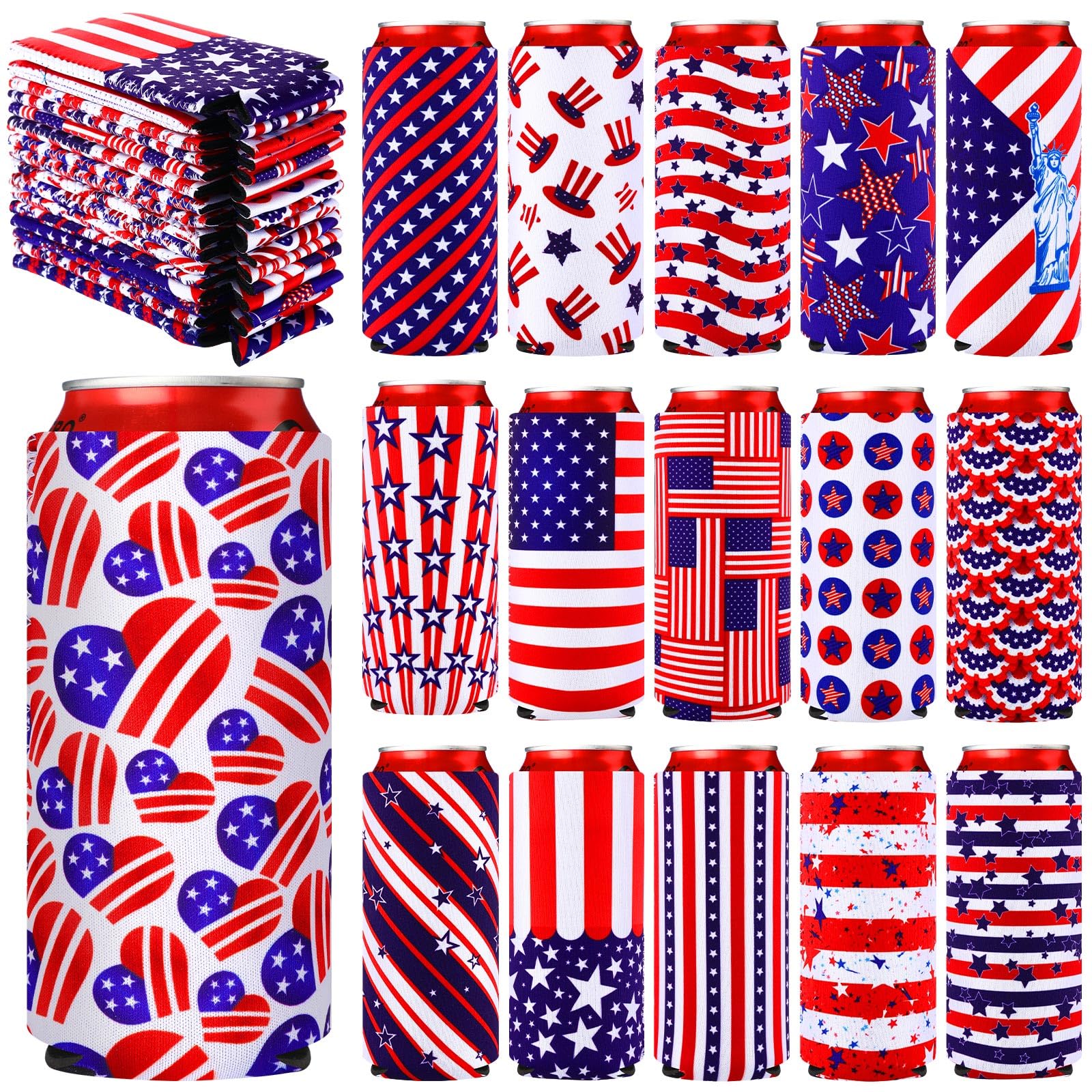 Pickmesh 16 Pcs 4th of July Can Coolers Sleeves Patriotic America Slim Soda Beer Drink Cooler Sleeve Independence Day Memorial Day Insulated Neoprene Bottle Cup Drink (Long Style,6.1 x 3.54 Inches)