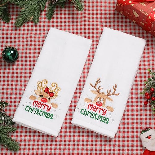 Vista 17 de Paquete de 2 toallas de mano de Navidad, 100% algodón, 100% algodón, para decoración de baño y cocina, toallas de mano navideñas con lazo rojo Red