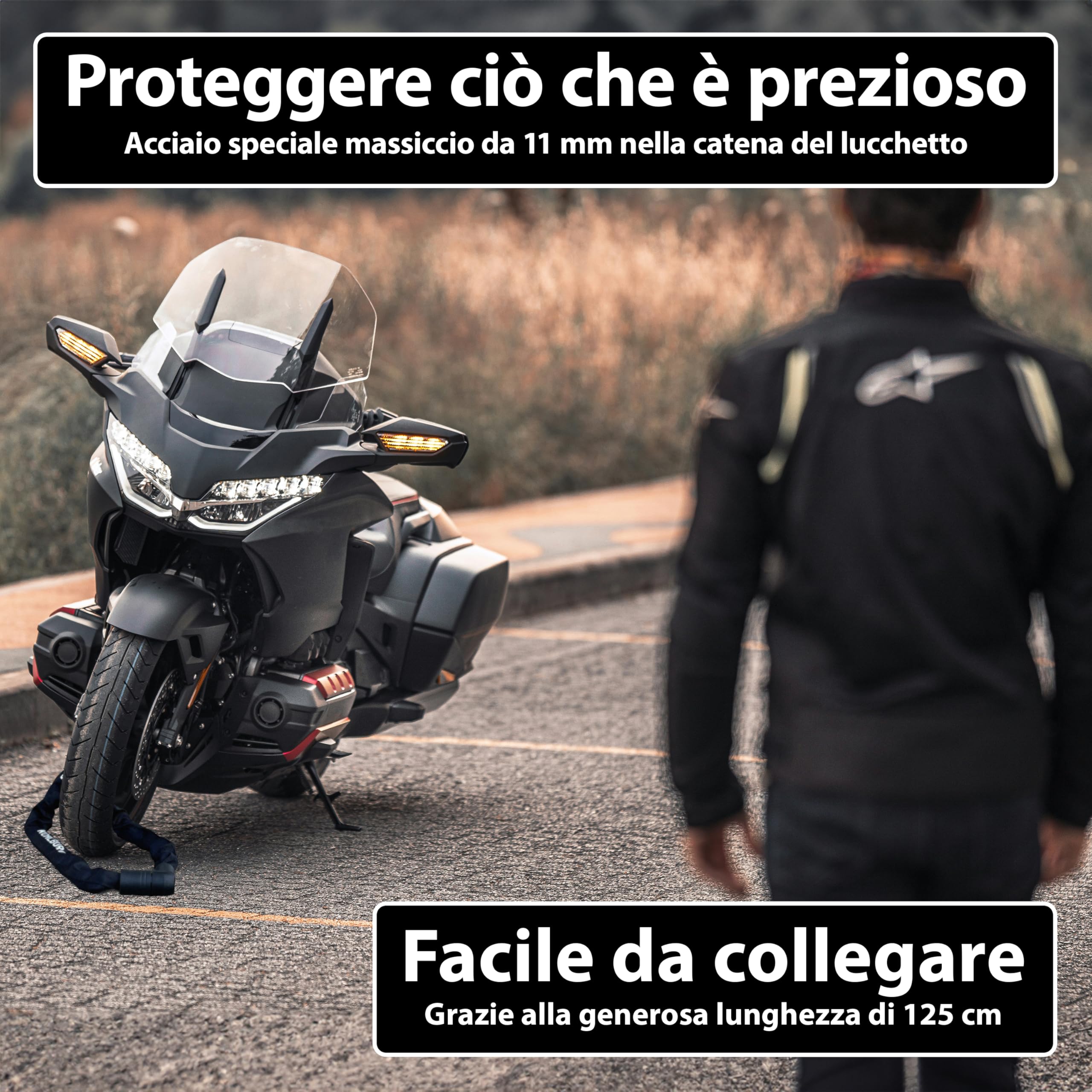 KOHLBURG Antifurto a catena ultraresistente 125 cm [Resiste ai tagliabulloni] – Livello di sicurezza massimo 15 – Per moto, scooter, bici elettrica & bicicletta – Antifurto ad alta sicurezza