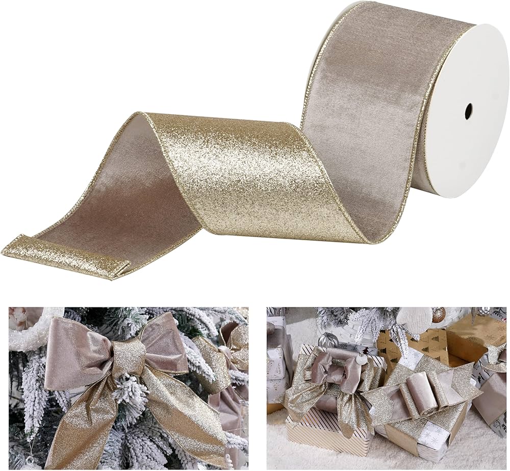 Amazon.com: LIZLOVESS Taupe Velvet Wired Ribbon with Glitter Back
