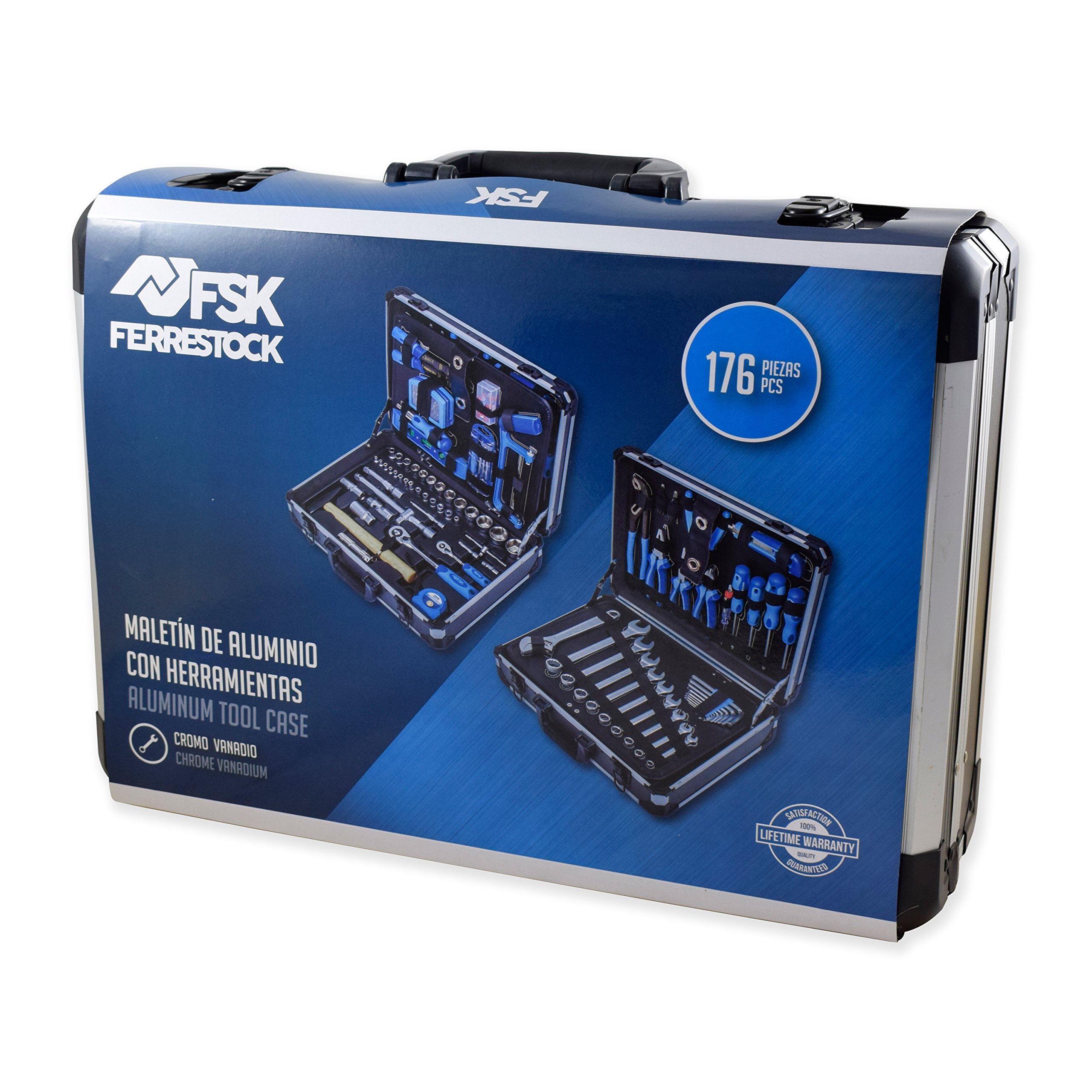 Ferrestock FSKJH176 Maletín de aluminio reforzado con 176 herramientas fabricadas al cromo-vanadio, bloqueo de apertura y asa de transporte