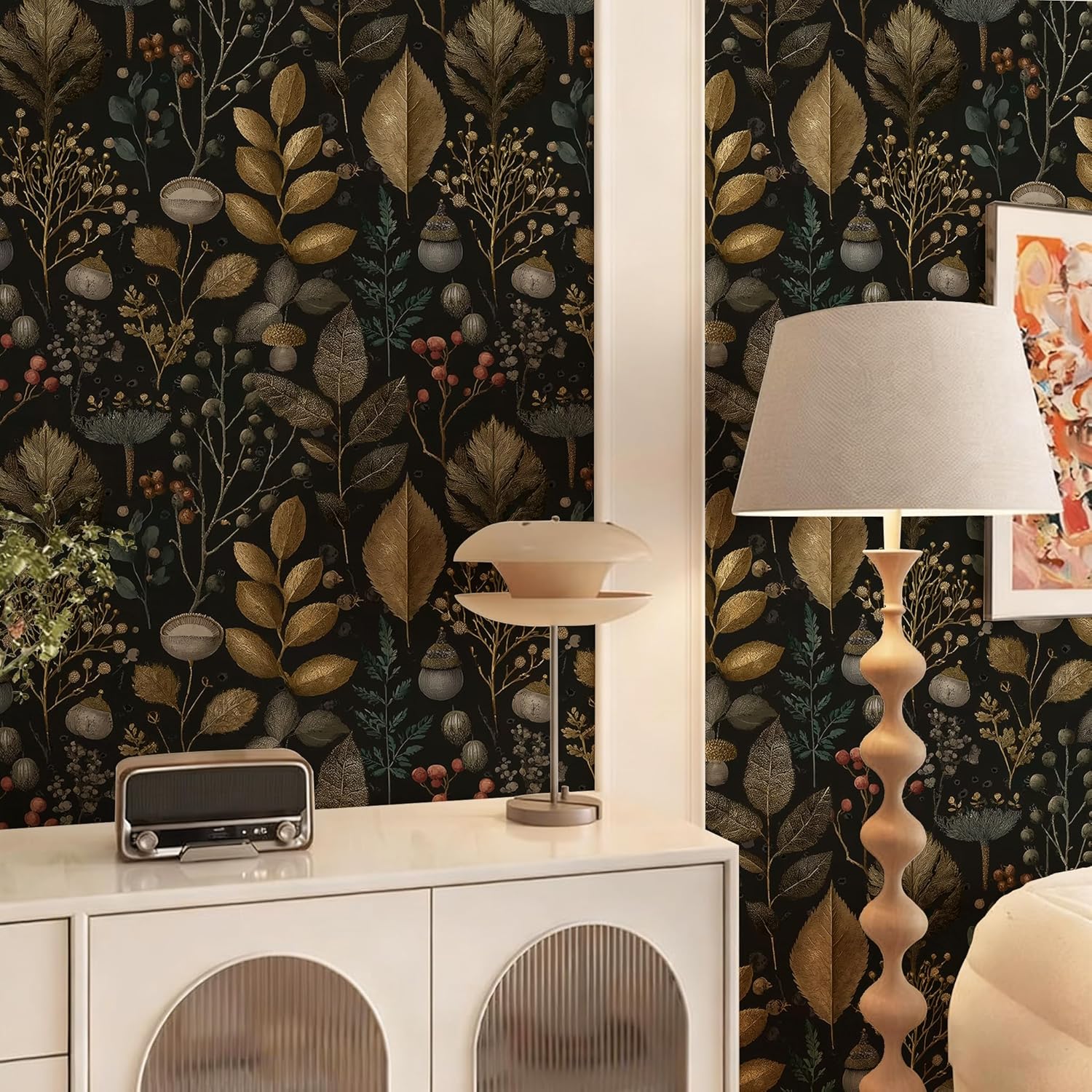 Peel and Stick Wallpaper - Dark Backdrop Gilded Foliage & Berries, Removable Luxe Vintage Mural for Living Room & Bedroom, 17.7x118 Inch