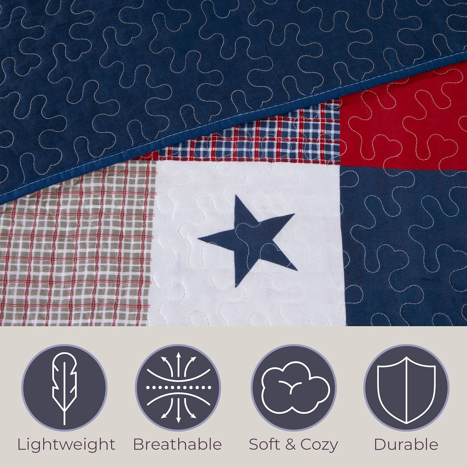 3-Piece Caroline Patriotic Quilt Set - Microfiber Americana Stars and Plaid Patchwork Bedding - King Bed Spread with 2 Pillow Shams by Lavish Home - Image 4