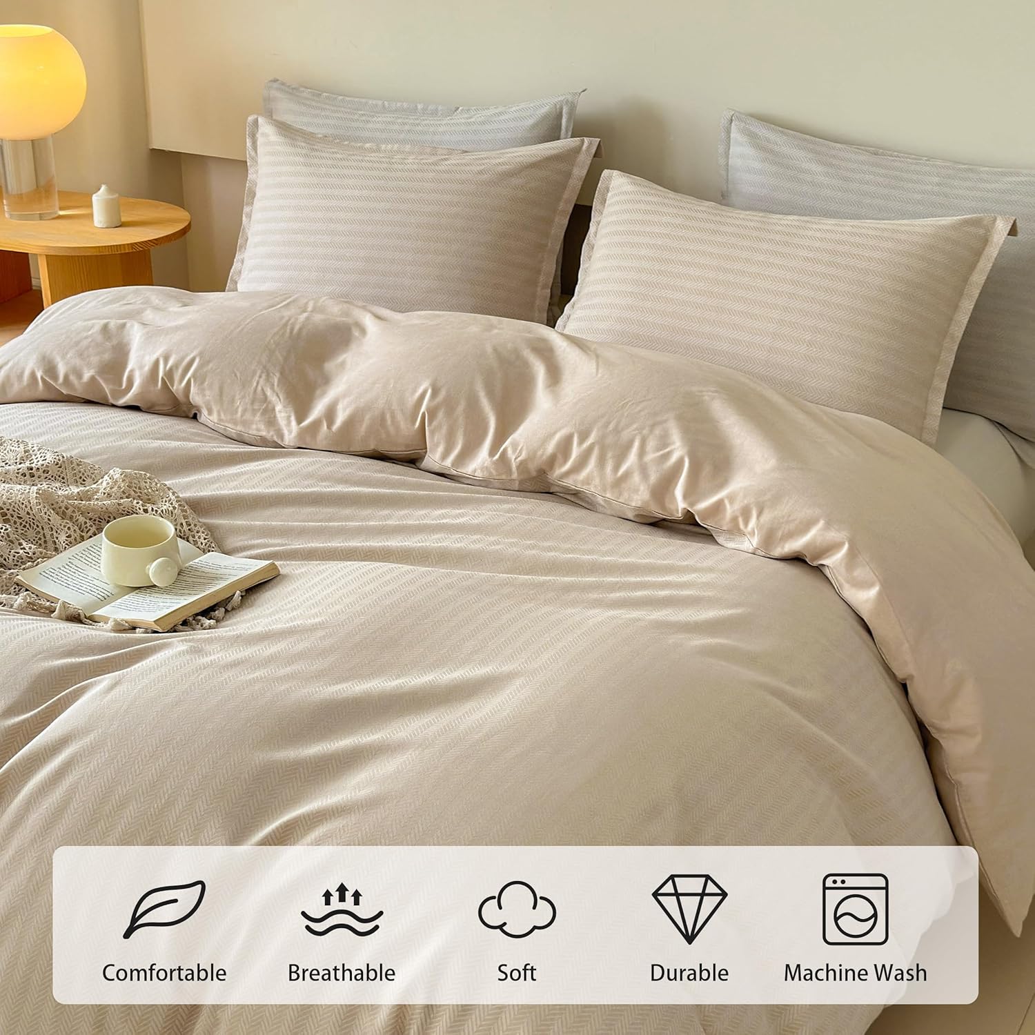 Simple&Opulence King Duvet Cover Set, Luxury French Linen Blend, 3-Piece Lightweight Bedding Set, Soft & Breathable, Herringbone Jacquard Texture, Button Closure, Washed Linen Feel, Linen