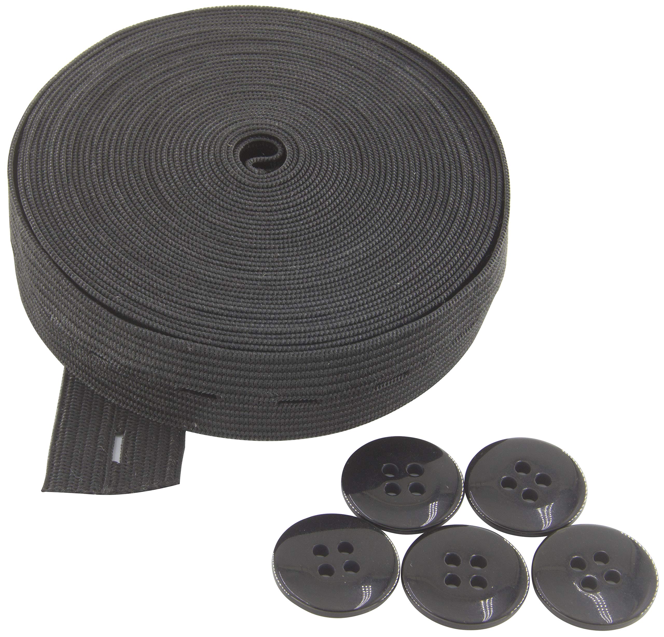 Flat Sewing Band Spool with Buttonholes, Elastic Stretchable, Ideal for DIY Waistbands and Necklines (Black, 3/4 inch × 5 Yards)