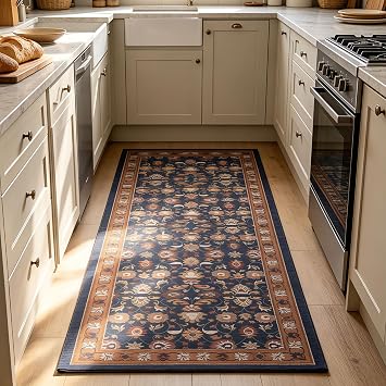 2‘x6’ Washable Boho Runner Rug, Non Slip Rubber Backing Low Pile Stain Resistant Carpet for Hallway Kitchen Bathroom Laundry Room, Pet & Kid Friendly (red & Blue)