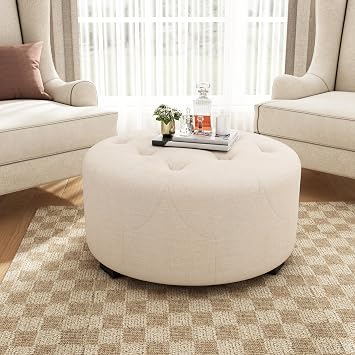 Modern Round Ottoman for Living Room, Small Beige Button Tufted Storage Footstool with Birch Legs, Linen Blend Upholstery, Multi-Functional Ottoman Coffee Table