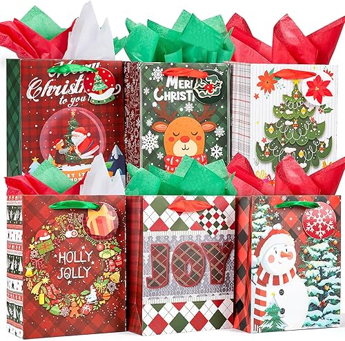 Miniatura 8 de Bolsas de regalo de Navidad a granel 24 piezas con etiquetas de regalo de papel de seda, bolsas de Navidad resistentes y reutilizables para regalos
