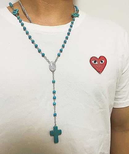 Miniatura 6 de Collar de cuentas largas con colgante para mujeres y hombres, cuentas de cristal turquesa, rosario católico, medalla de Santa María, cruz milagrosa