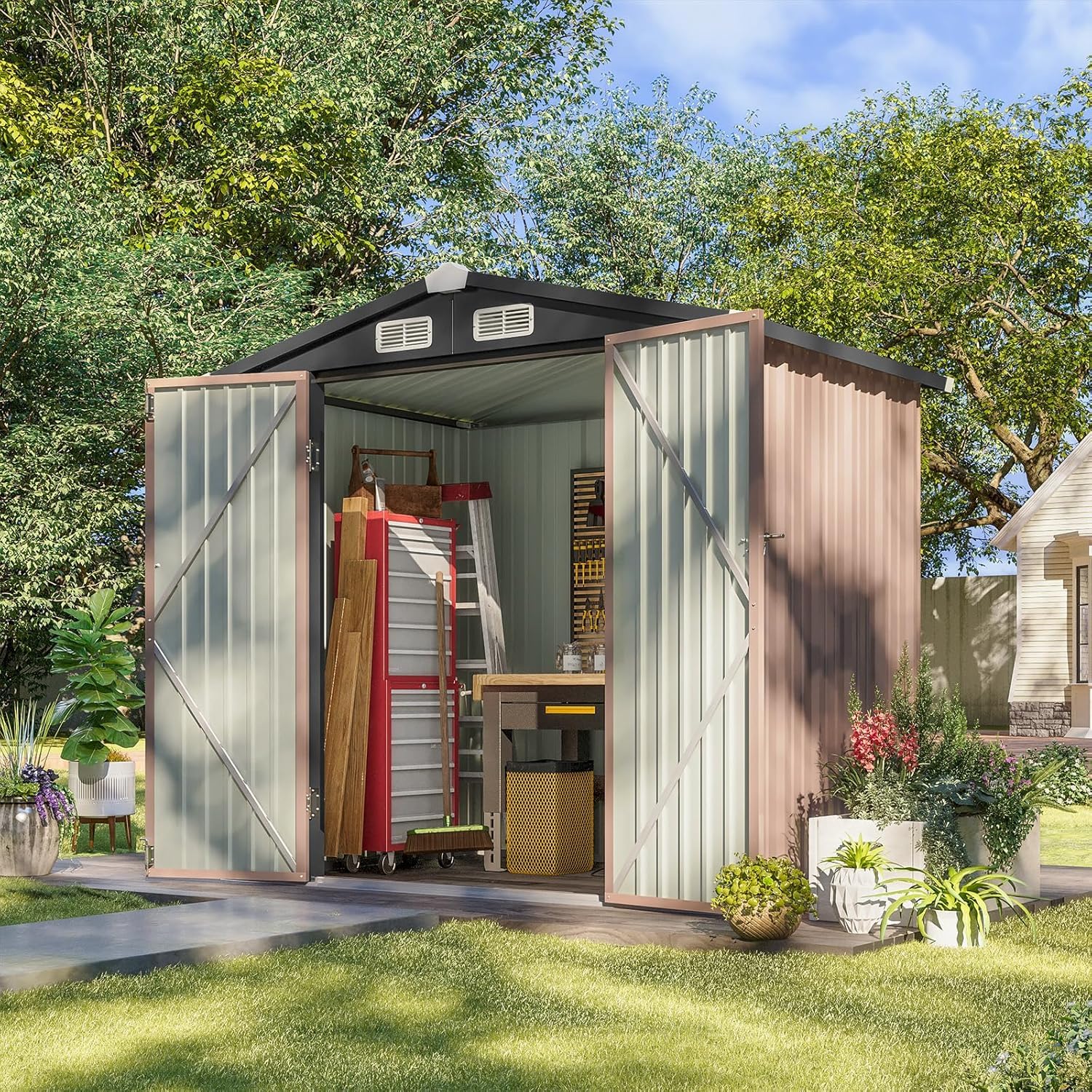 Aoxun Garden Sheds 6x4ft, Metal Shed Bike Tool Shed, Sheds and Outdoor Storage with Lockable Doors & Slooping for Backyard, Patio, Poolside,Brown — view 8