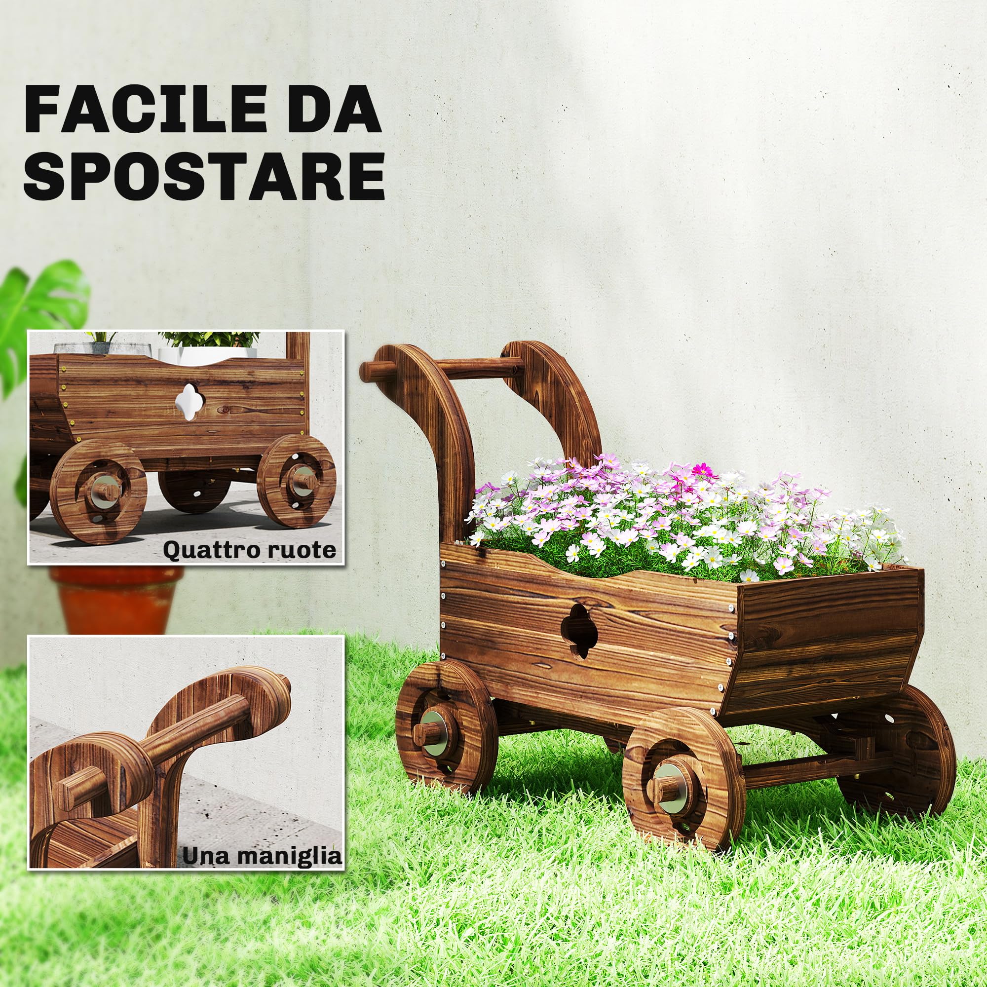 Outsunny Letto per Orto Rialzato da Esterno a Forma di Carretto con 4 Ruote e Maniglia, Fioriera in Legno di Abete con Fori di Drenaggio, per Balcone Patio, 68x38x52 cm, Carbonizzato