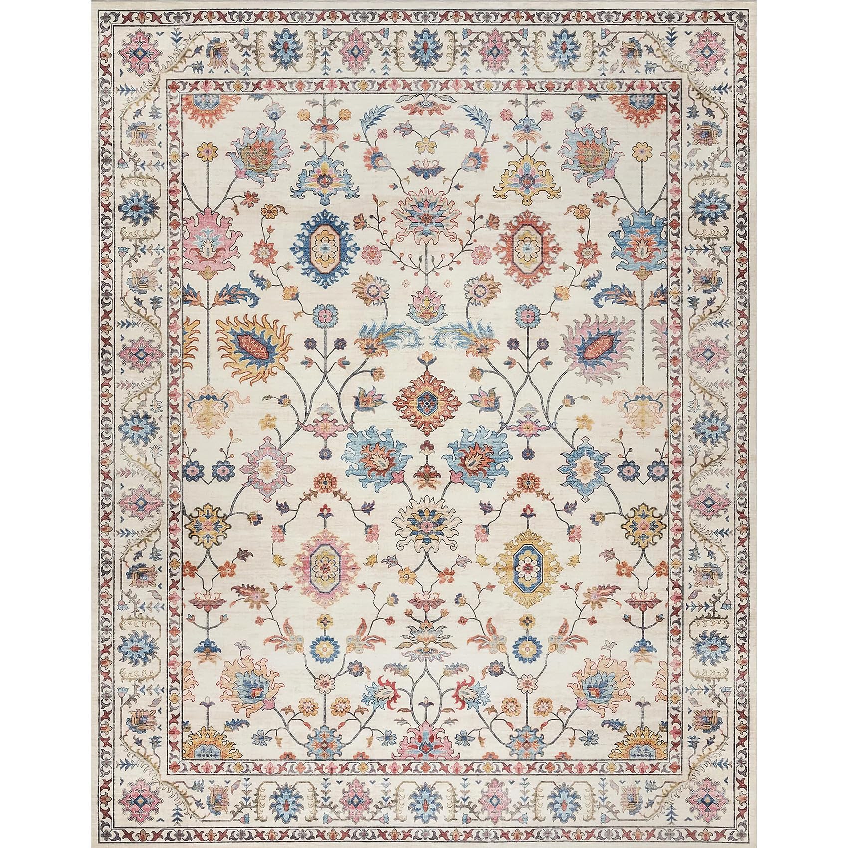 Nowoczesny kwiatowy wzór dywan z krótkim włosiem, duży, 160 x 230 cm, beżowy, kremowy, z żółtymi i różowymi akcentami, idealny do dekoracji salonu, miękka i stylowa wykładzina podłogowa do domu