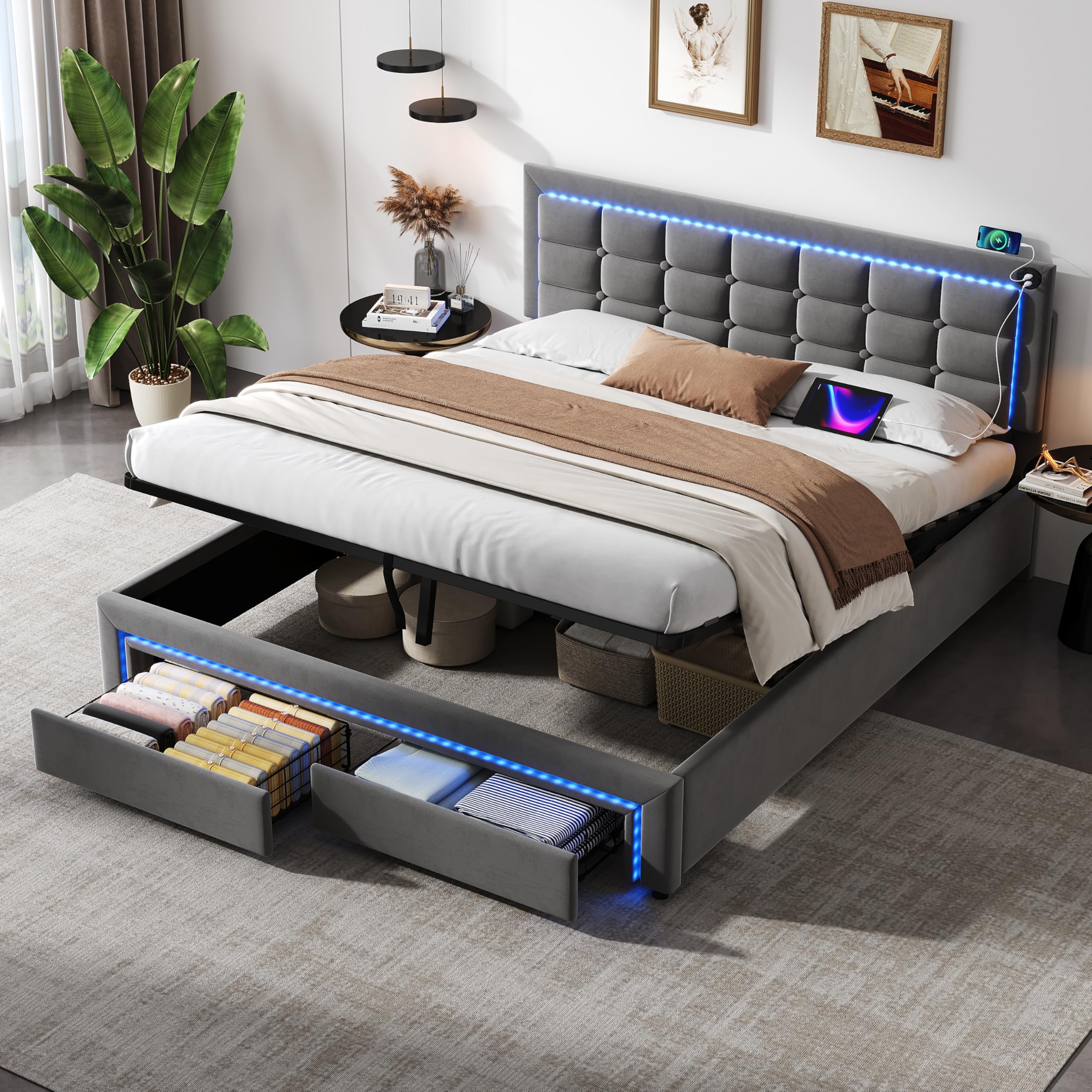 Merax King Size Ottoman Bed Frame, Velvet Upholstered Bed with Drawers Storage, LED Adjustable Button Tufted Headboard with Charging Station, Grey/150x200 cm(No Mattress)