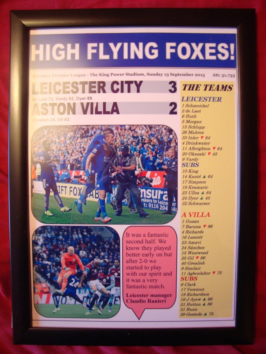 Lilywhite Multimedia Leicester City 3 Aston Villa 2-2015 - framed print