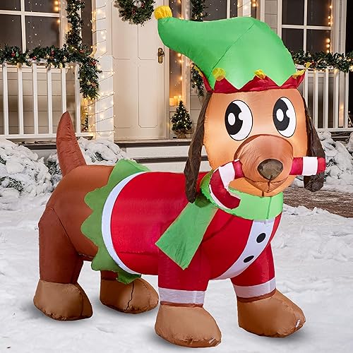 Miniatura 9 de Joiedomi Cachorro inflable de Navidad de 6 pies de largo sosteniendo un bastón de caramelo, decoración inflable de Navidad al aire libre con LED