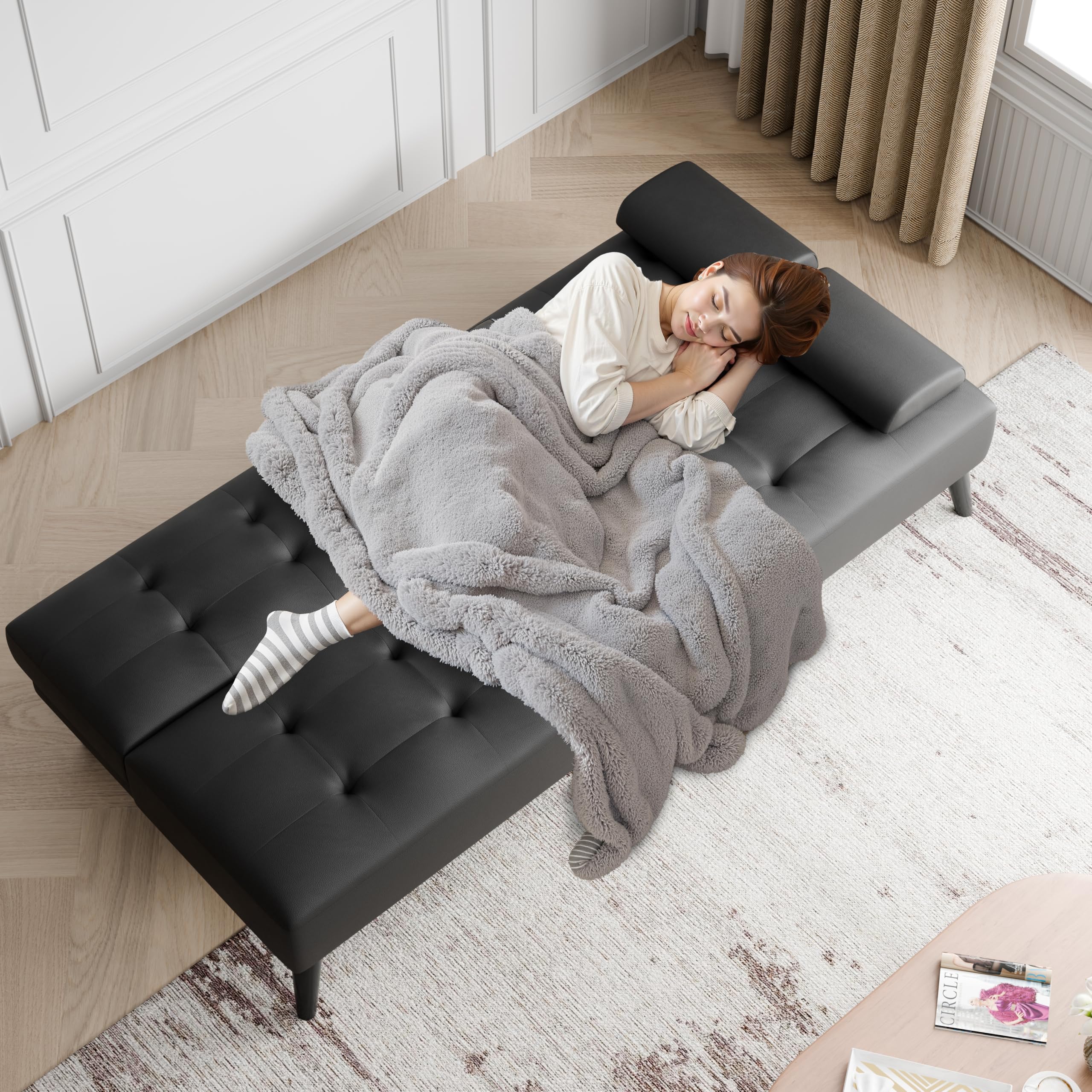 Futon Sofa Bed, 64" Small Futon Couch with Adjustable Backrest, 3-Angle Recliner, Detachable Armrests with Cup Holders for Small Spaces, Living Room, Office, Apartment, (Black Leather)